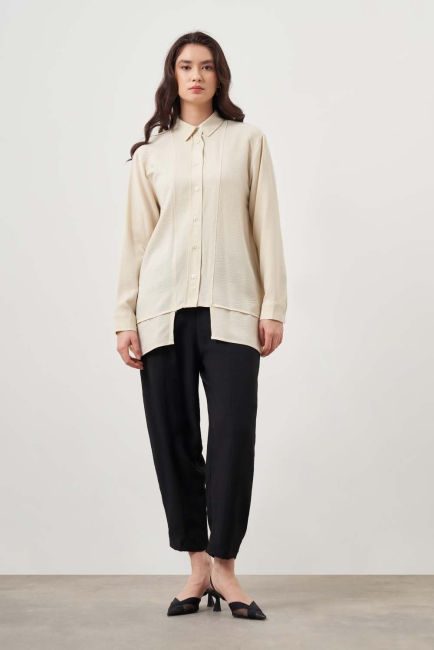 Mizalle Kat Detaylı Bej Rengi Keten Görünümlü Tunik - Mizalle (1)