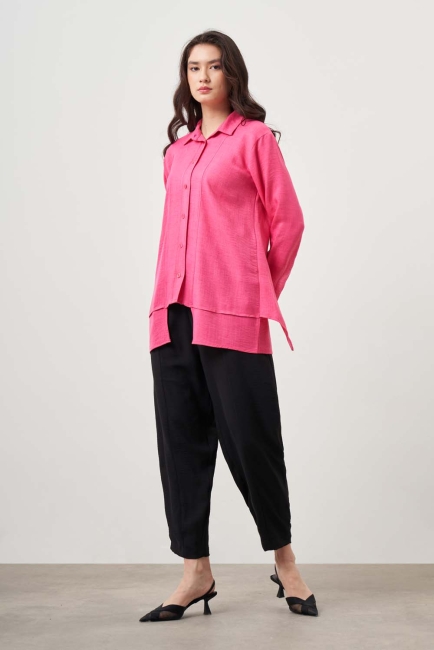 Mizalle Kat Detaylı Fuşya Keten Görünümlü Tunik - Mizalle