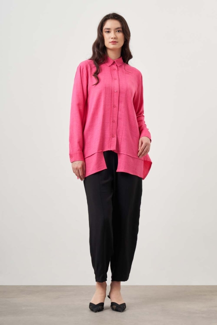 Mizalle Kat Detaylı Fuşya Keten Görünümlü Tunik - Mizalle (1)