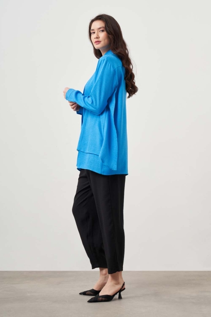 Mizalle Kat Detaylı Mavi Keten Görünümlü Tunik - Mizalle (1)