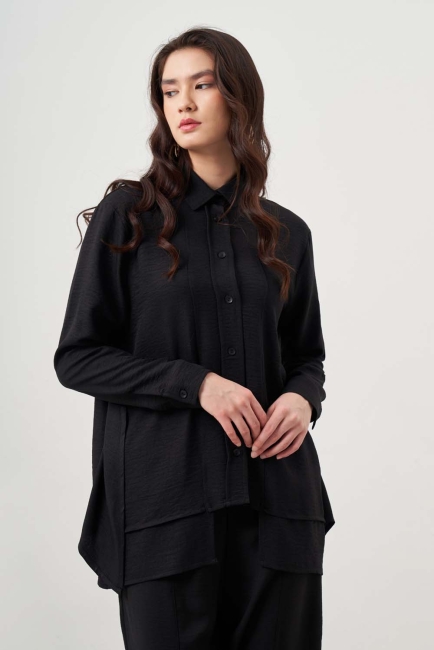 Mizalle Kat Detaylı Siyah Keten Görünümlü Tunik - Mizalle (1)