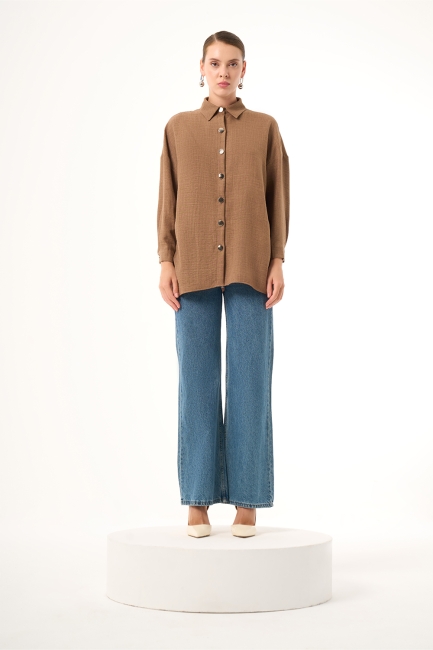 Mizalle Keten Dokulu Oversize Kahverengi Gömlek - Mizalle (1)