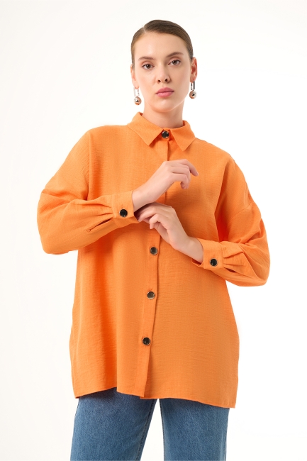 Mizalle Keten Dokulu Oversize Turuncu Gömlek - Mizalle (1)