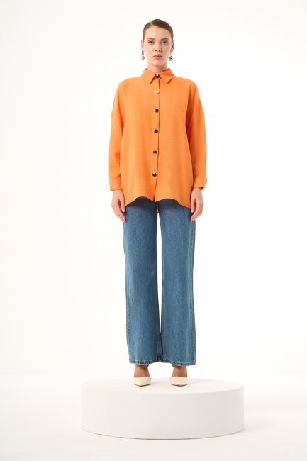 Mizalle Keten Dokulu Oversize Turuncu Gömlek - Mizalle