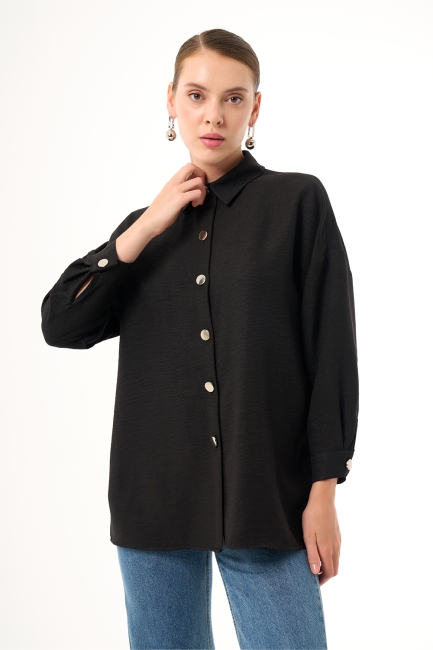 Mizalle Keten Dokulu Oversize Siyah Gömlek - Mizalle