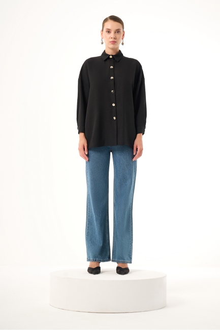 Mizalle Keten Dokulu Oversize Siyah Gömlek - Mizalle (1)