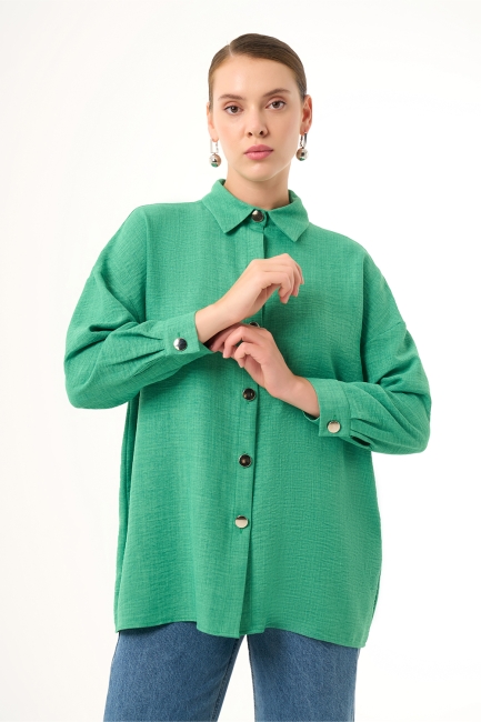 Mizalle Keten Dokulu Oversize Yeşil Gömlek - Mizalle (1)