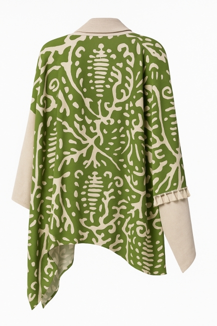 Mizalle Yeşil Desenli Keten Görünümlü Bej Rengi Püsküllü Kimono - Mizalle (1)