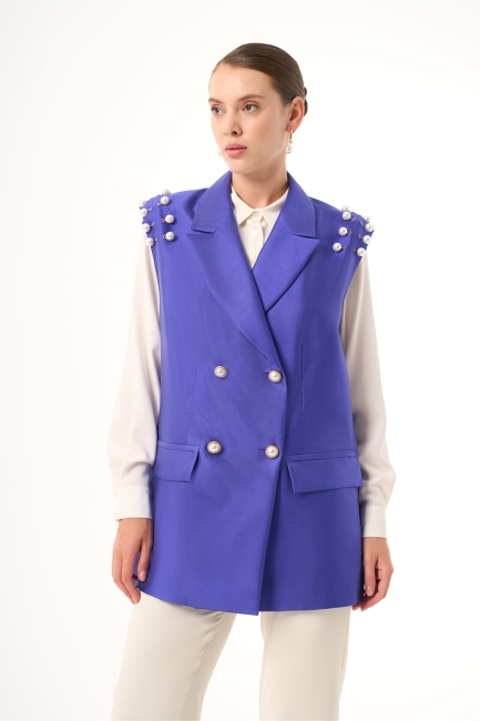 Mizalle İnce Boncuk İşleme Detaylı Saks Mavisi Abiye Yelek - Mizalle (1)