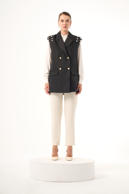 Mizalle İnce Boncuk İşleme Detaylı Siyah Abiye Yelek - Mizalle (1)