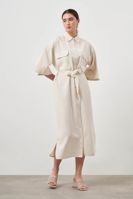 Mizalle Çift Cepli Rahat Kesim Bej Rengi Uzun Gömlek Elbise - Mizalle (1)