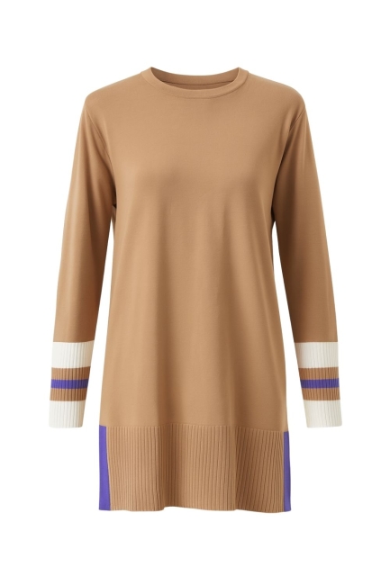 Mizalle Kol Çizgi Detaylı Uzun Camel Triko tunik - Mizalle