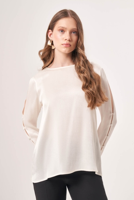 Kolu Detaylı Uzun Ekru Bluz - Mizalle