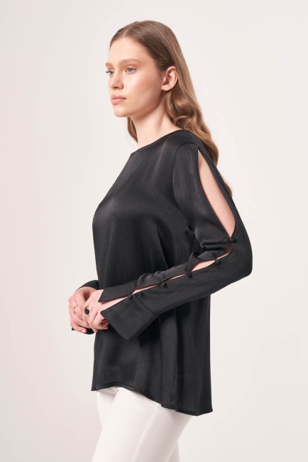 Mizalle Kol Detaylı Yuvarlak Yaka Siyah Şifon Bluz - Mizalle (1)