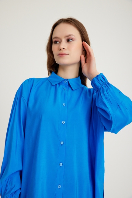 Mizalle Kolları Lastikli Rahat Kesimli Mavi Pamuklu Basic Gömlek - Mizalle (1)