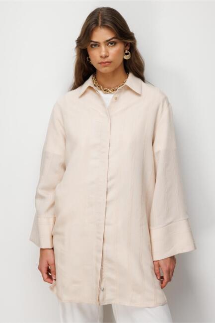 Mizalle Armürlü Modern Kesim Uzun Taş Rengi Tunik - Mizalle (1)