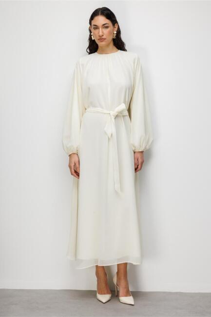 Mizalle Balon Kollu Kuşaklı Ekru Maksi Şifon Elbise - Mizalle (1)