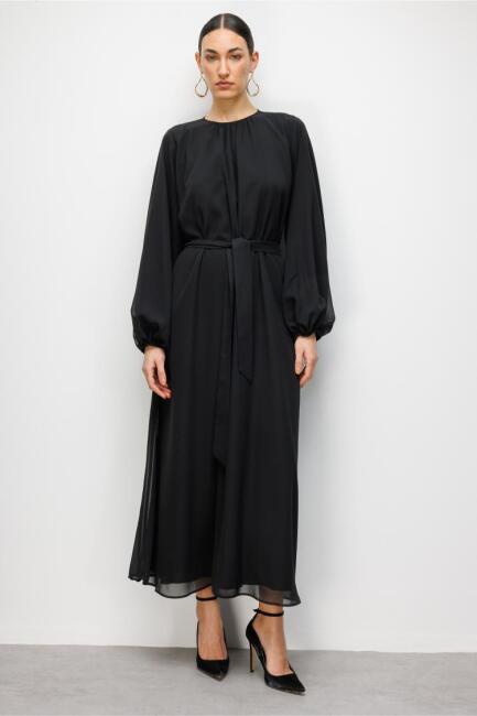 Mizalle Balon Kollu Kuşaklı Siyah Maksi Şifon Elbise - Mizalle (1)