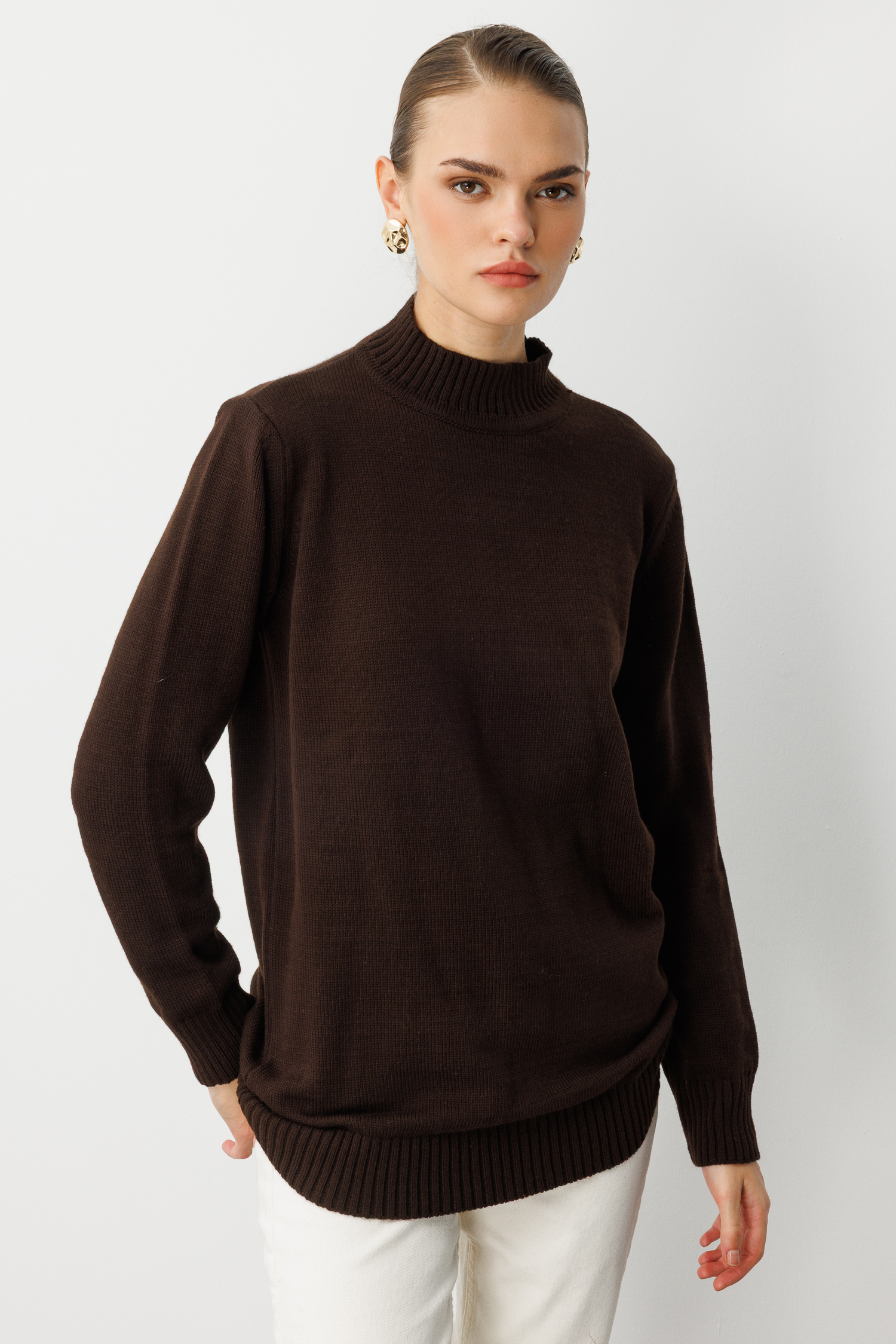 Mizalle Basic Yarım Balıkçı Kahverengi Triko Kazak - Mizalle