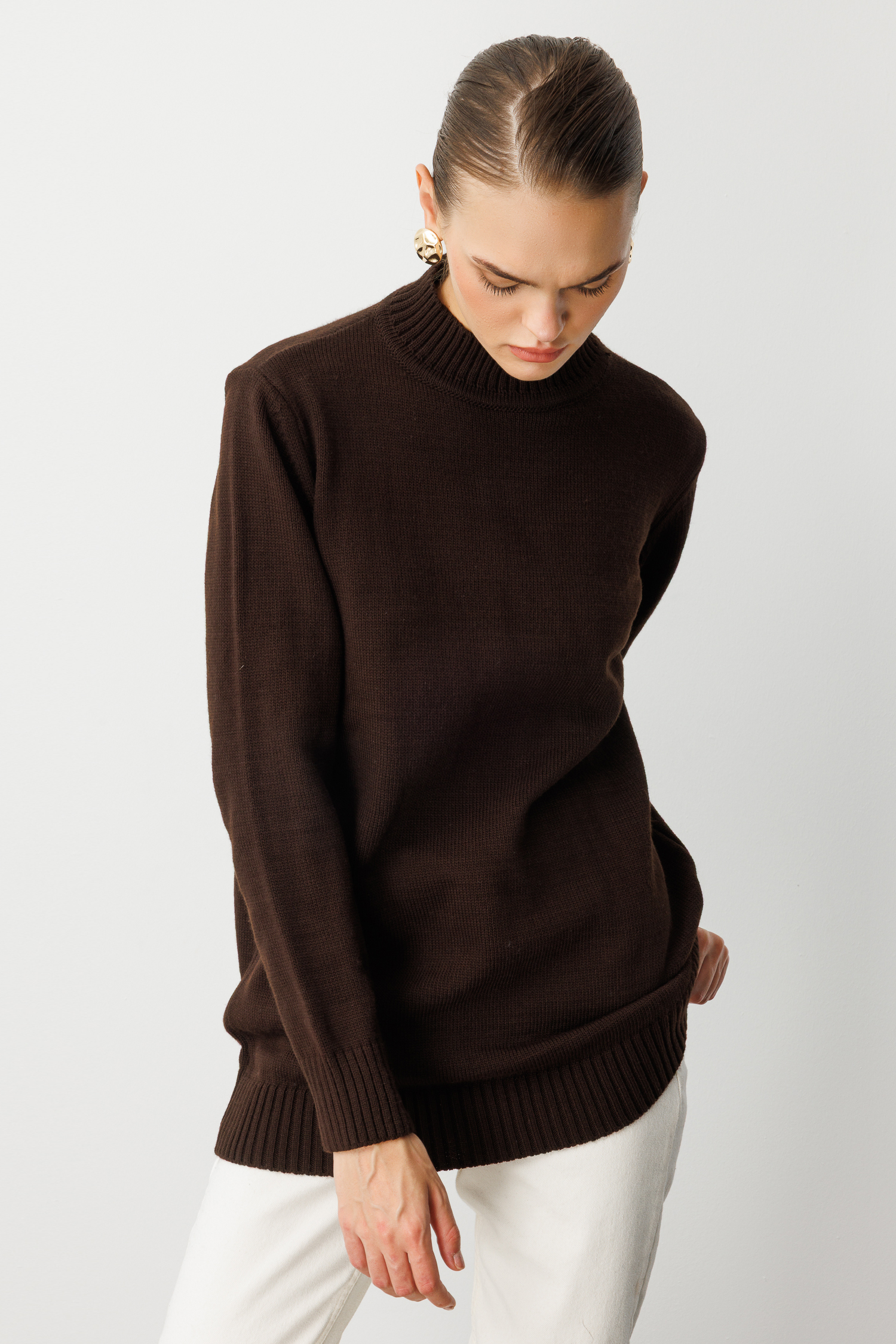 Mizalle Basic Yarım Balıkçı Kahverengi Triko Kazak - Mizalle