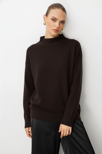 Mizalle Basic Yarım Balıkçı Kahverengi Triko Kazak - Mizalle