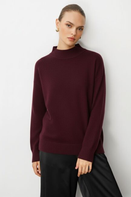 Mizalle Basic Yarım Balıkçı Mürdüm Triko Kazak - Mizalle