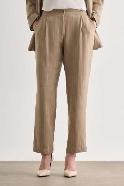 Mizalle Bej Rengi İnce Çizgili Tek Pile Klasik Pantolon - Mizalle