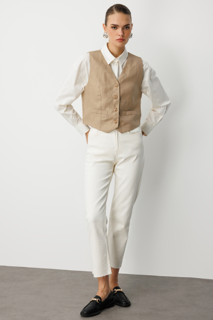 Mizalle Bej Rengi Saf Keten Yelek - Mizalle