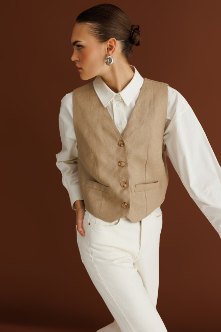 Mizalle Bej Rengi Saf Keten Yelek - Mizalle (1)