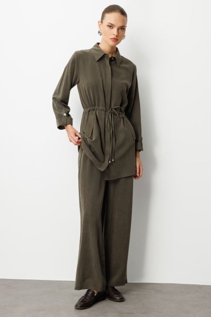 Mizalle Beli Büzgülü Haki Cupro Tunik - Mizalle (1)