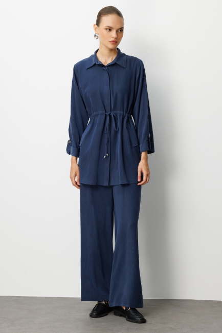 Mizalle Beli Büzgülü İndigo Mavi Cupro Tunik - Mizalle (1)