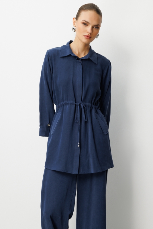 Mizalle Beli  Büzgülü İndigo Mavi Cupro Tunik · 3