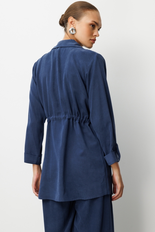 Mizalle Beli  Büzgülü İndigo Mavi Cupro Tunik · 6