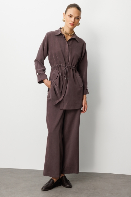 Mizalle Beli Büzgülü Kahverengi Cupro Tunik - Mizalle (1)