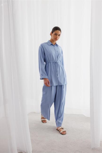 Mizalle Beli Büzgülü Modal Dokulu Mavi Tunik - Mizalle (1)
