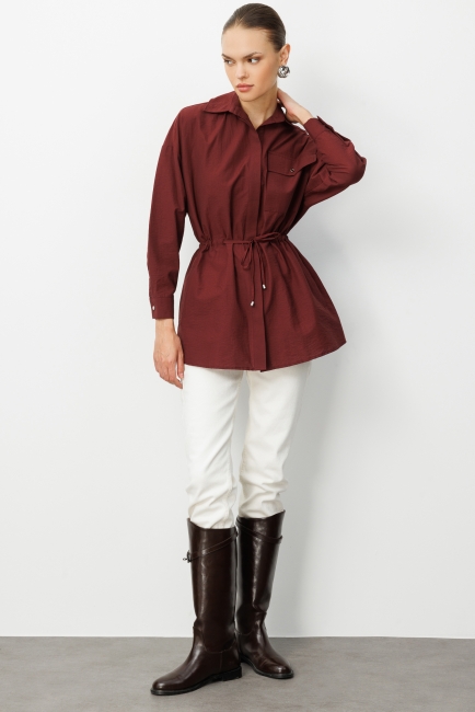 Mizalle Beli İp Büzgülü Bordo Paraşüt Trençkot Tunik - Mizalle (1)