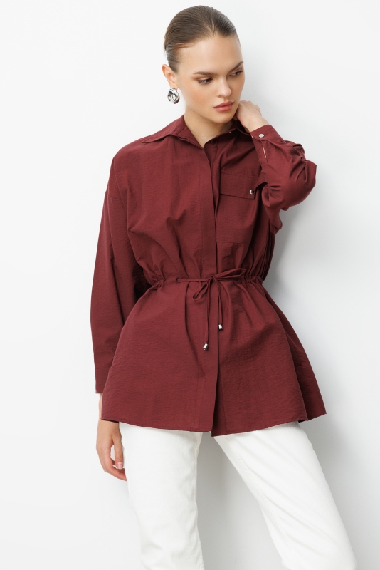 Mizalle Beli İp Büzgülü Bordo Paraşüt Trençkot Tunik · 4
