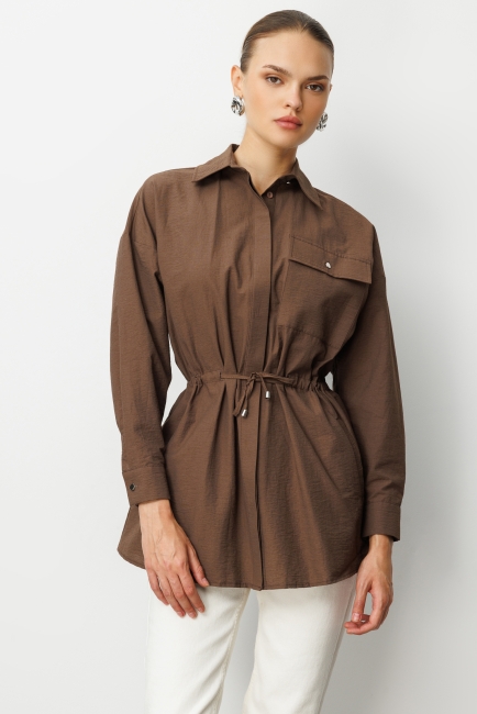 Mizalle Beli İp Büzgülü Kahverengi Paraşüt Trençkot Tunik - Mizalle (1)