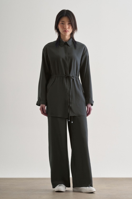 Mizalle Beli İp Büzgülü Modal Gri Tunik - Mizalle