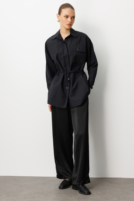 Mizalle Beli İp Büzgülü Siyah Paraşüt Trençkot Tunik - Mizalle (1)