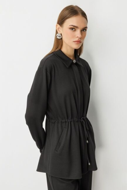 Mizalle Beli İp Büzgülü Yumuşak Dokulu Antrasit Tunik - Mizalle
