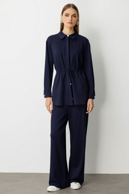 Mizalle Beli İp Büzgülü Yumuşak Dokulu İndigo Tunik - Mizalle (1)