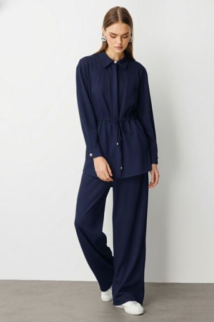 Mizalle Beli İp Büzgülü Yumuşak Dokulu İndigo Tunik - Mizalle