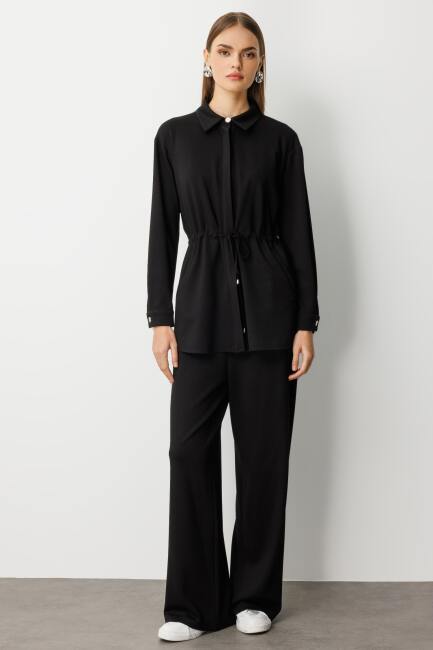 Mizalle Beli İp Büzgülü Yumuşak Dokulu Siyah Tunik - Mizalle (1)