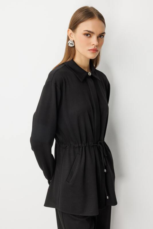 Mizalle Beli İp Büzgülü Yumuşak Dokulu Siyah Tunik · 4