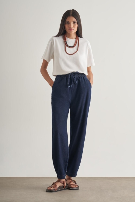 Mizalle Beli İpli Balon Fit Lacivert Denim Pantolon - Mizalle