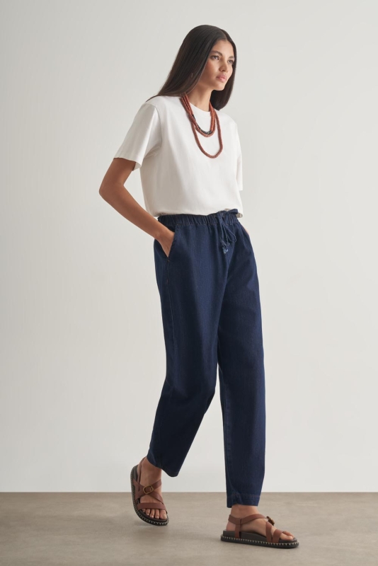Mizalle Beli İpli Balon Fit Lacivert Denim Pantolon · 2