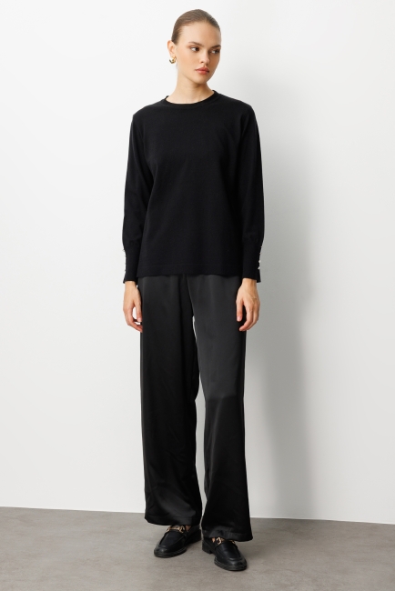 Mizalle Beli Lastikli Geniş Paça Siyah Saten Pantolon - Mizalle (1)