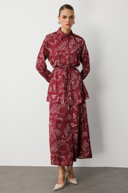 Mizalle Bordo Desenli Evaze Uzun Saten Etek - Mizalle (1)