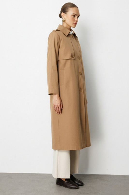 Mizalle Camel  Apoletli Klasik Maxi Mac Trençkot · 3